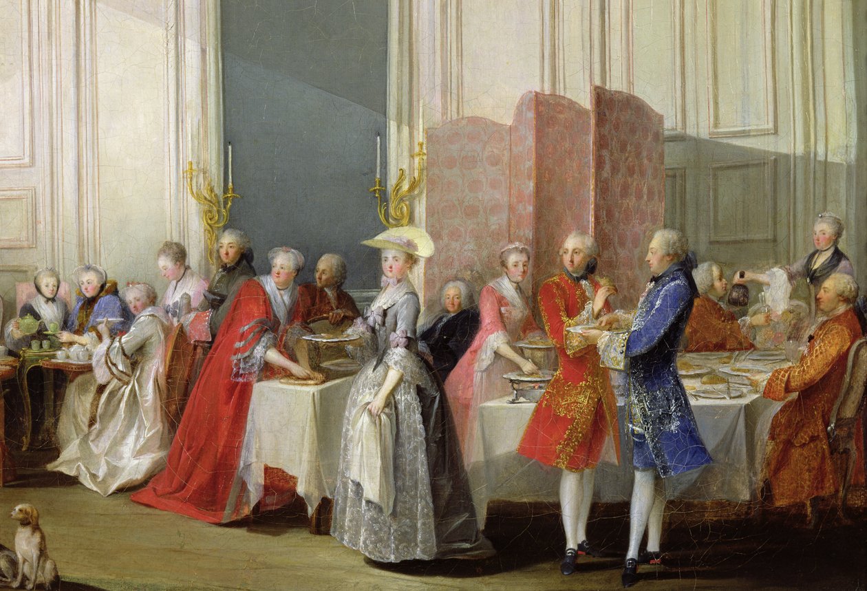 English Tea in the Salon des Quatre Glaces at the House of the Prince de Conti, Palais du Temple, detail of the guests, 1766 by Michel Barthelemy Ollivier or Olivier