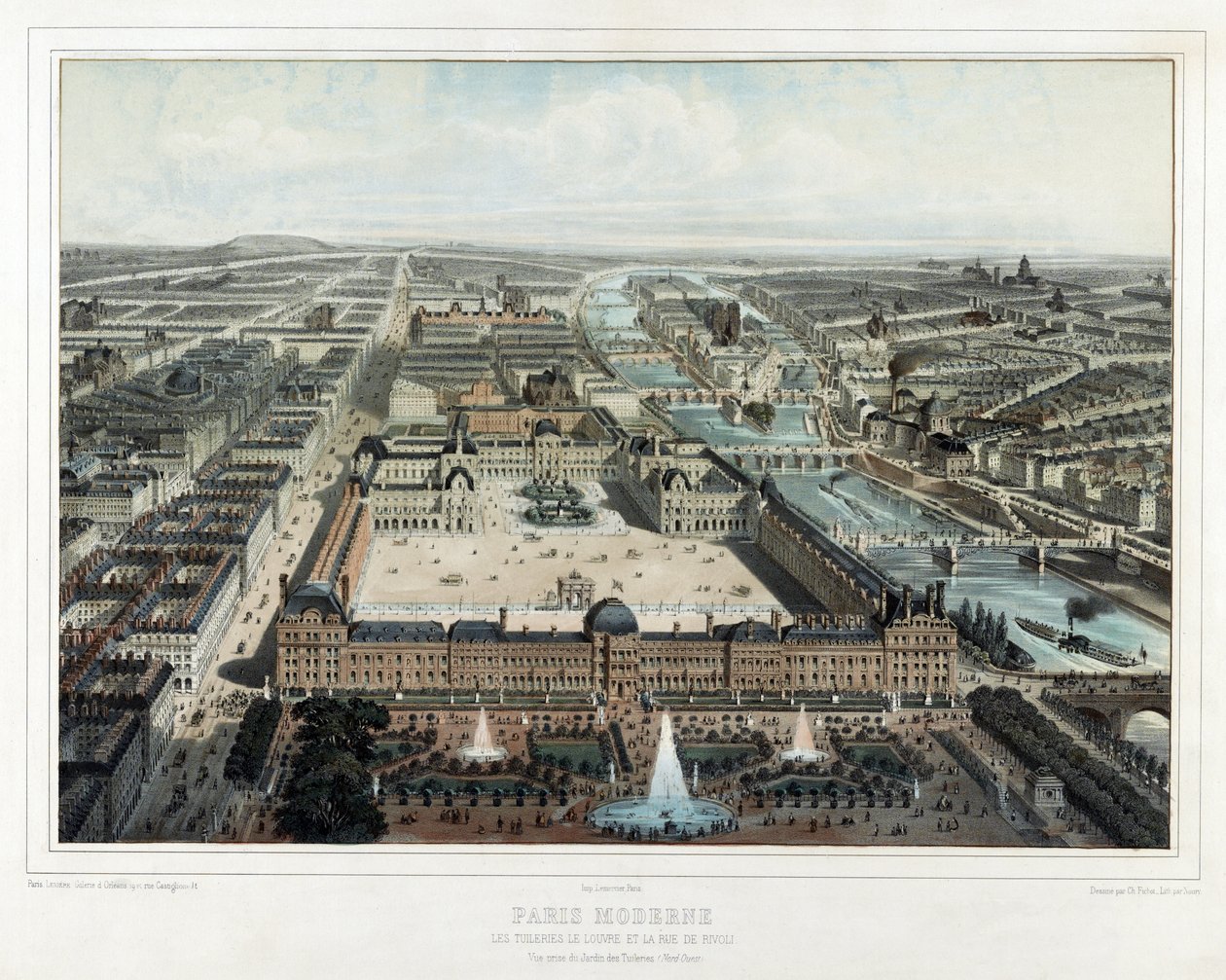 Paris Moderne - Les Tuileries, le Louvre, et la rue de Rivoli, vue prise du Jardin des Tuileries (North-West) by Michel Charles Fichot