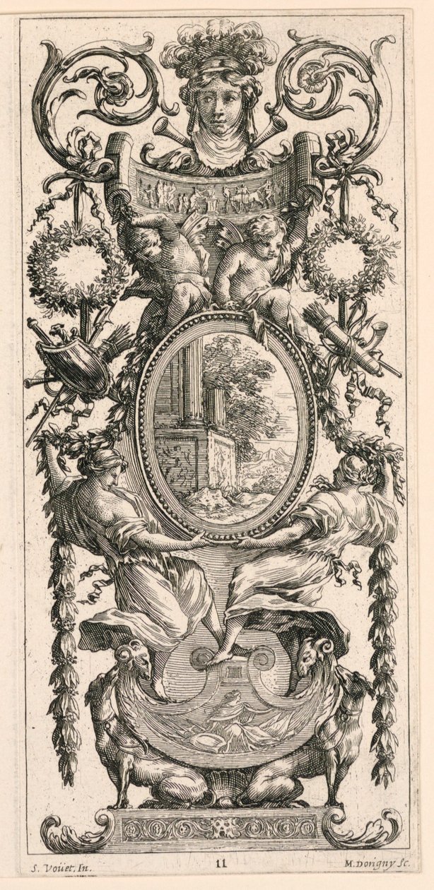 Ornamental Panel Surmounted with a Head Flanked by Foliage, plate 11 from the Livre de Diverses Grotesques peintes dans le Cabinet et Bains de la Reyne Regente, au Palais Royale by Michel Dorigny