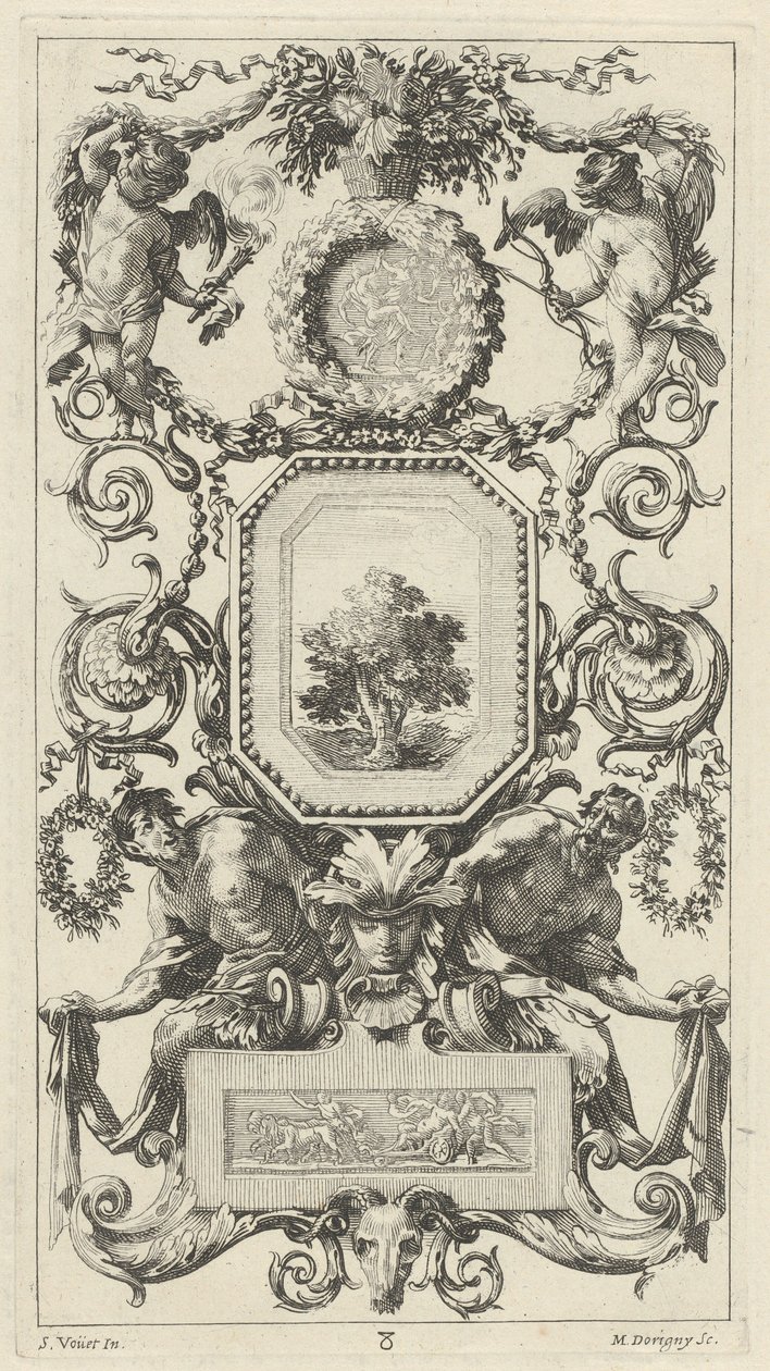 Ornamental Panel Surmounted by a Basket of Flowers with Cupid and Hymen by Michel Dorigny, after Simon Vouet