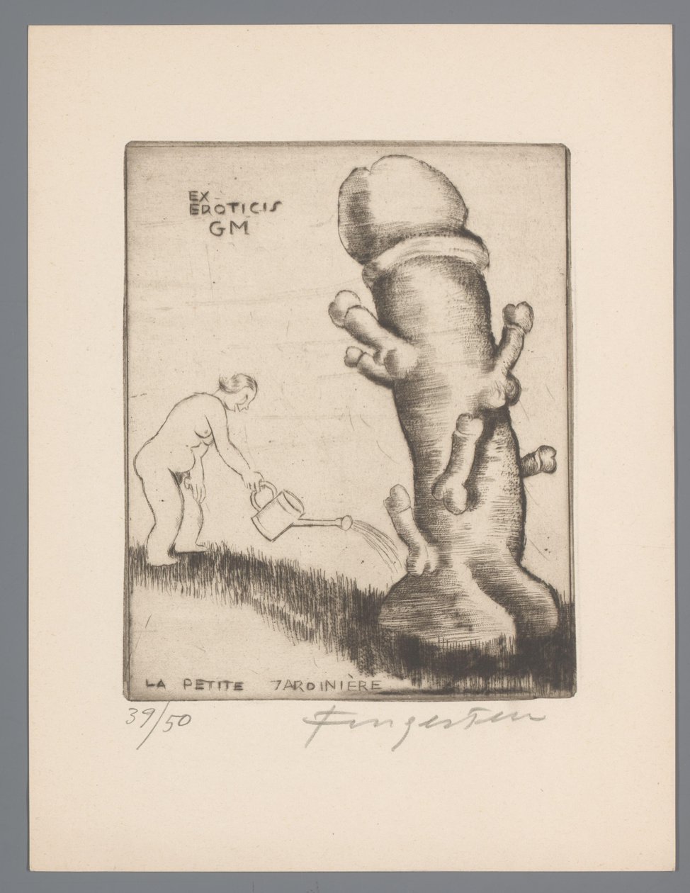 Ex Libris of Gianni Mantero Ex eroticis GM La petite jardinière by Michel Fingesten (signed by artist)