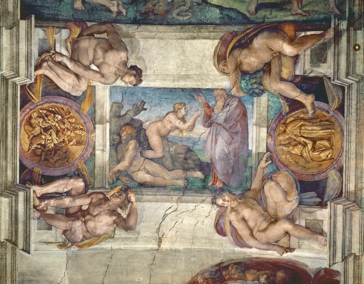 Sistine Chapel Ceiling: Creation of Eve, with four Ignudi (pre-restoration) by Michelangelo Buonarroti