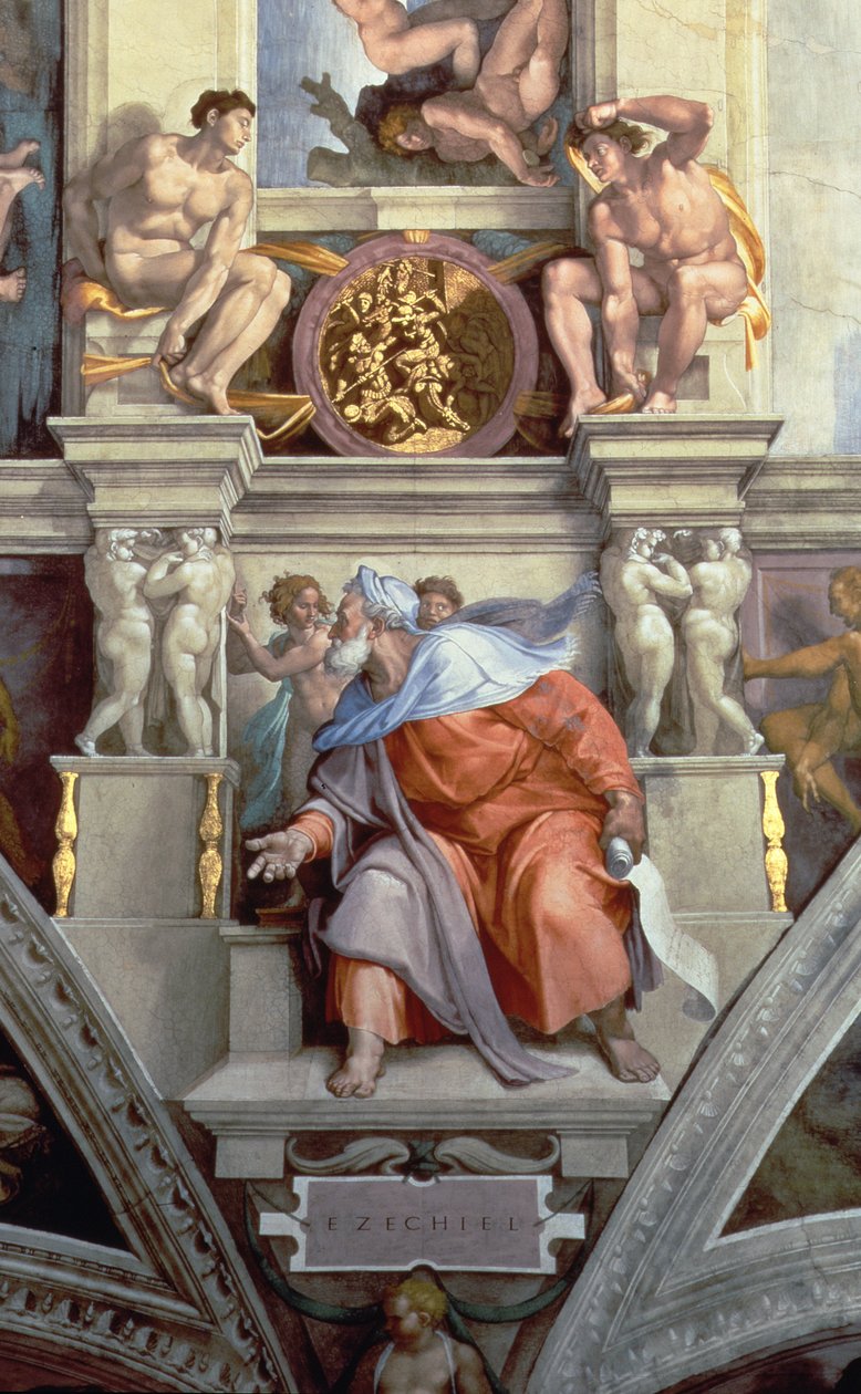 Sistine Chapel Ceiling: The Prophet Ezekiel (post restoration) (detail) by Michelangelo Buonarroti