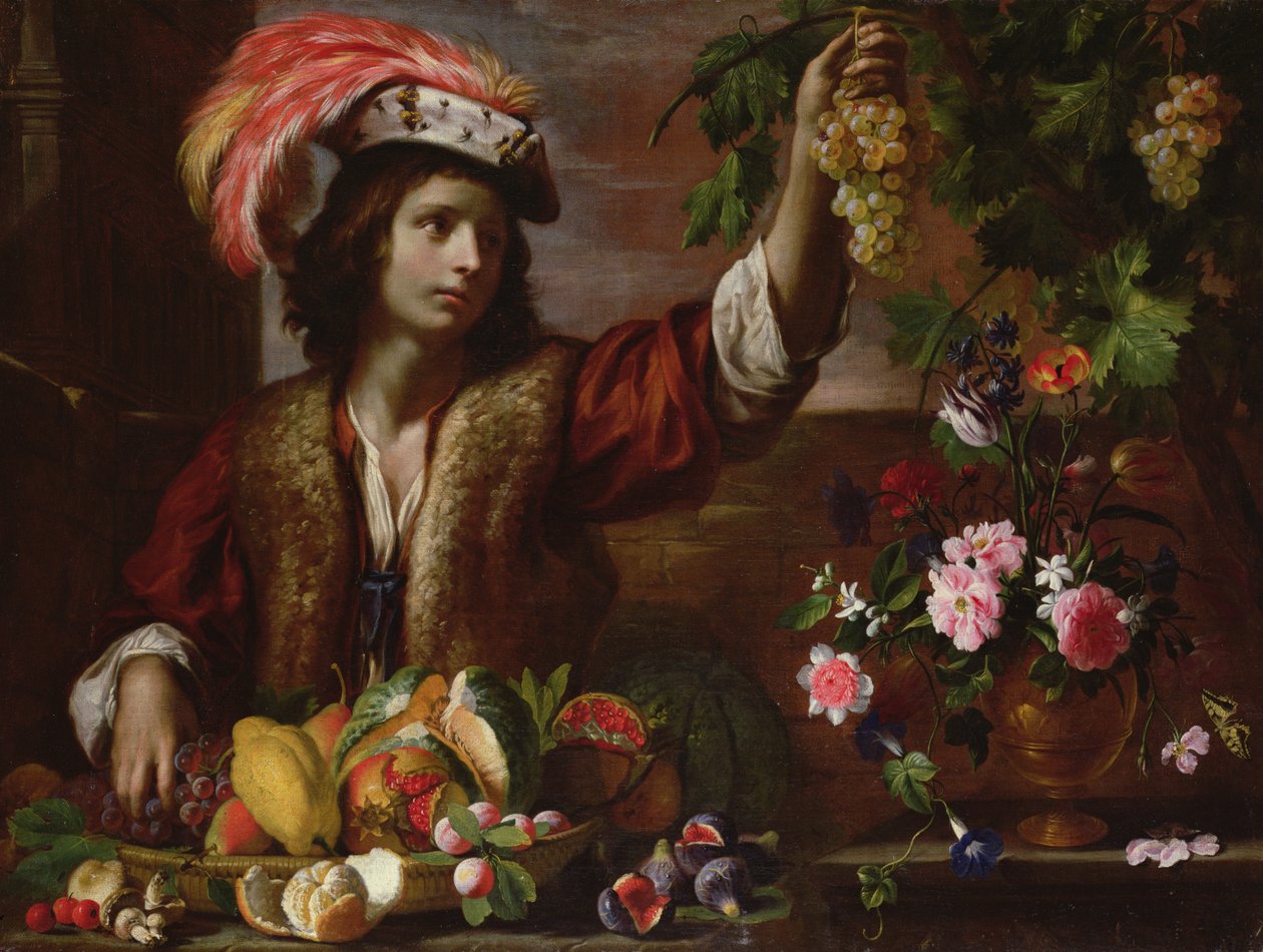 Young Man in a Feathered Hat with Still Life by Michelangelo Cerquozzi