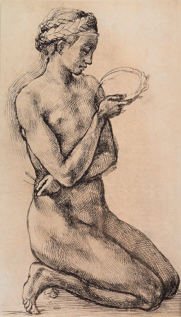 Kneeling woman from the school of Leonardo by Michelangelo school of Buanorroti