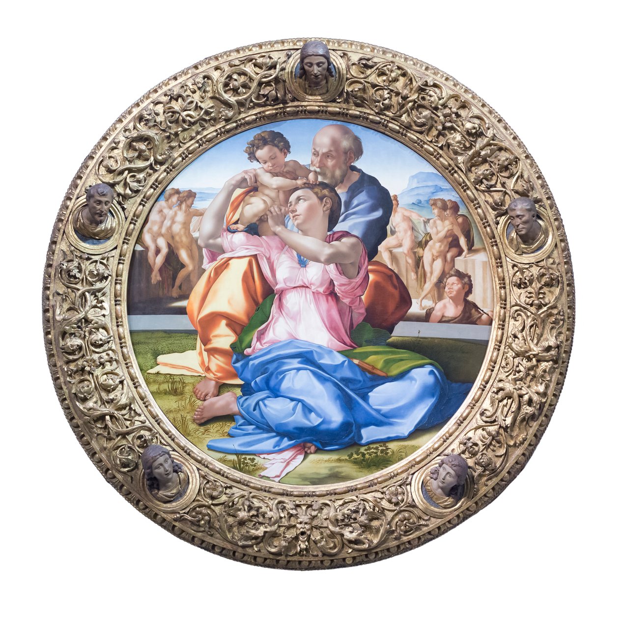 Holy family with the young St. John the Baptist, known as "Doni tondo" by Michelangelo Buonarroti