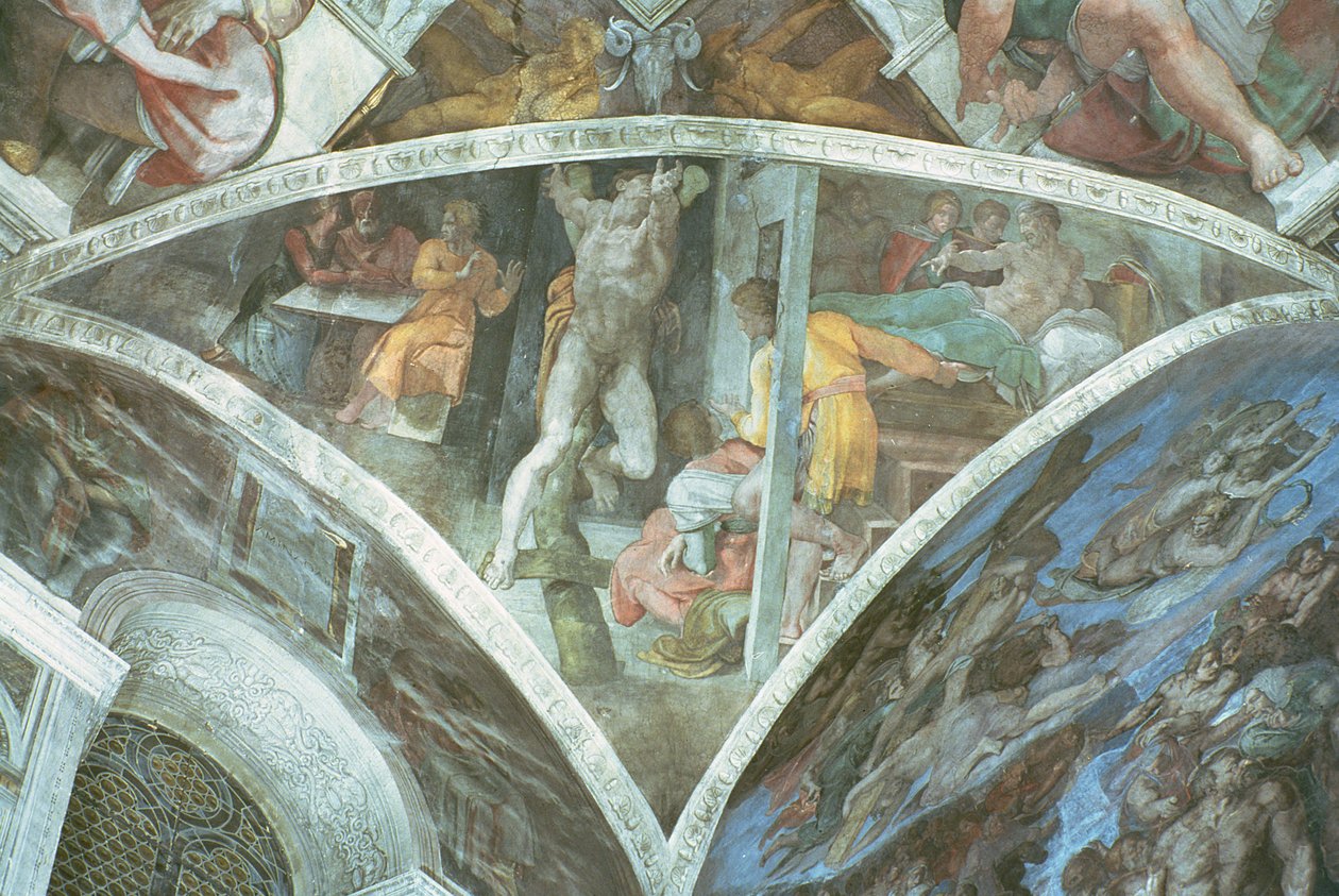 Sistine Chapel Ceiling: Haman (spandrel) (pre restoration) by Michelangelo Buonarroti