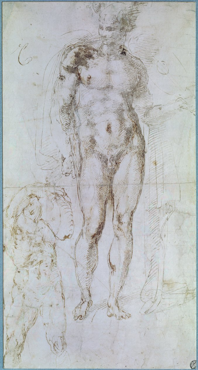 Study for Apollo standing nude with a cloak draped over his shoulders and the figure of a man carrying a burden by Michelangelo Buonarroti
