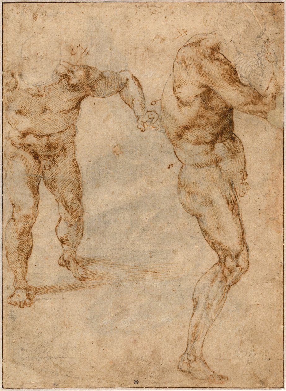 Two Nude Studies of a Man Storming Forward and Another Turning to the Right, c. 1504 by Michelangelo Buonarroti