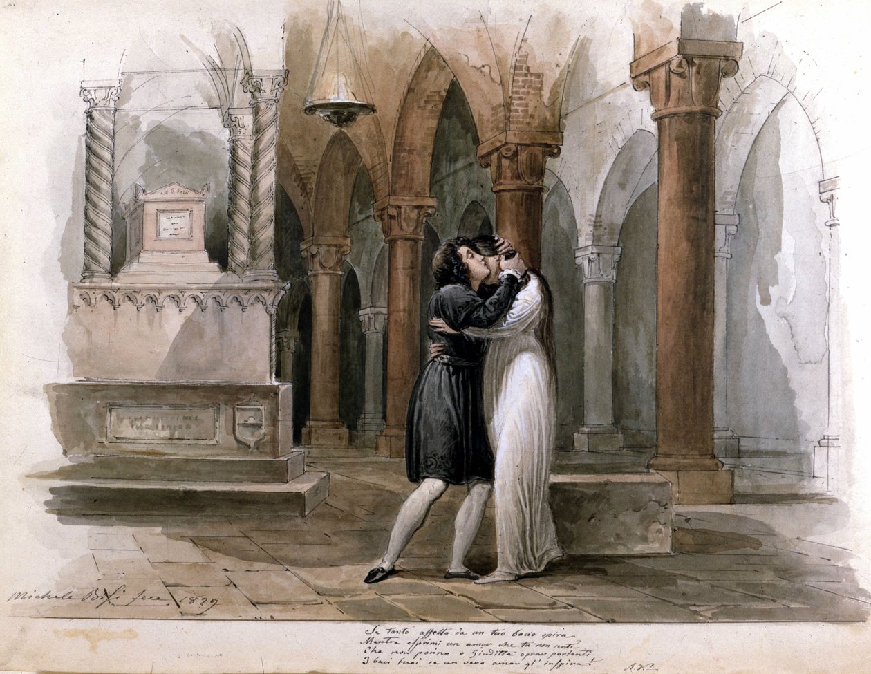 I Capuleti e i Montecchi (Les Capulet et les Montaigu) by Vincenzo Bellini, performance at the Fenice Theatre in Venice. Giuditta Pasta and Giulia Grisi performing Romeo and Juliet. Watercolour by Michele Bisi by Michele Bisi