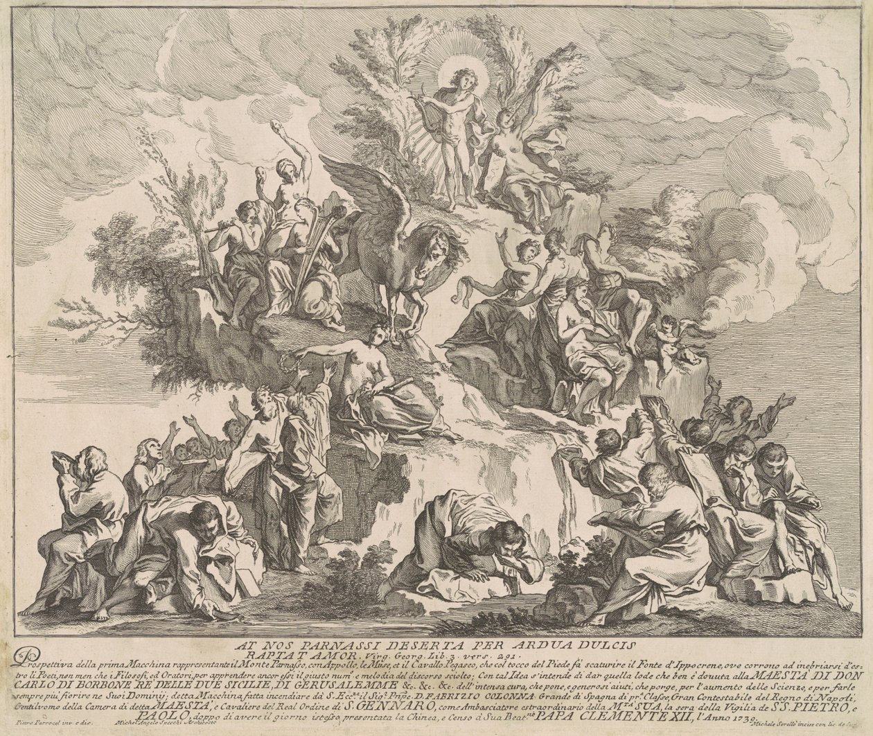 The Prima Macchina for the Chinea of 1739: Mount Parnassus with Apollo, the Muses, and Pegasus by Miguel de Sorellò, after Pierre Parrocel, after Michelangelo Specchi