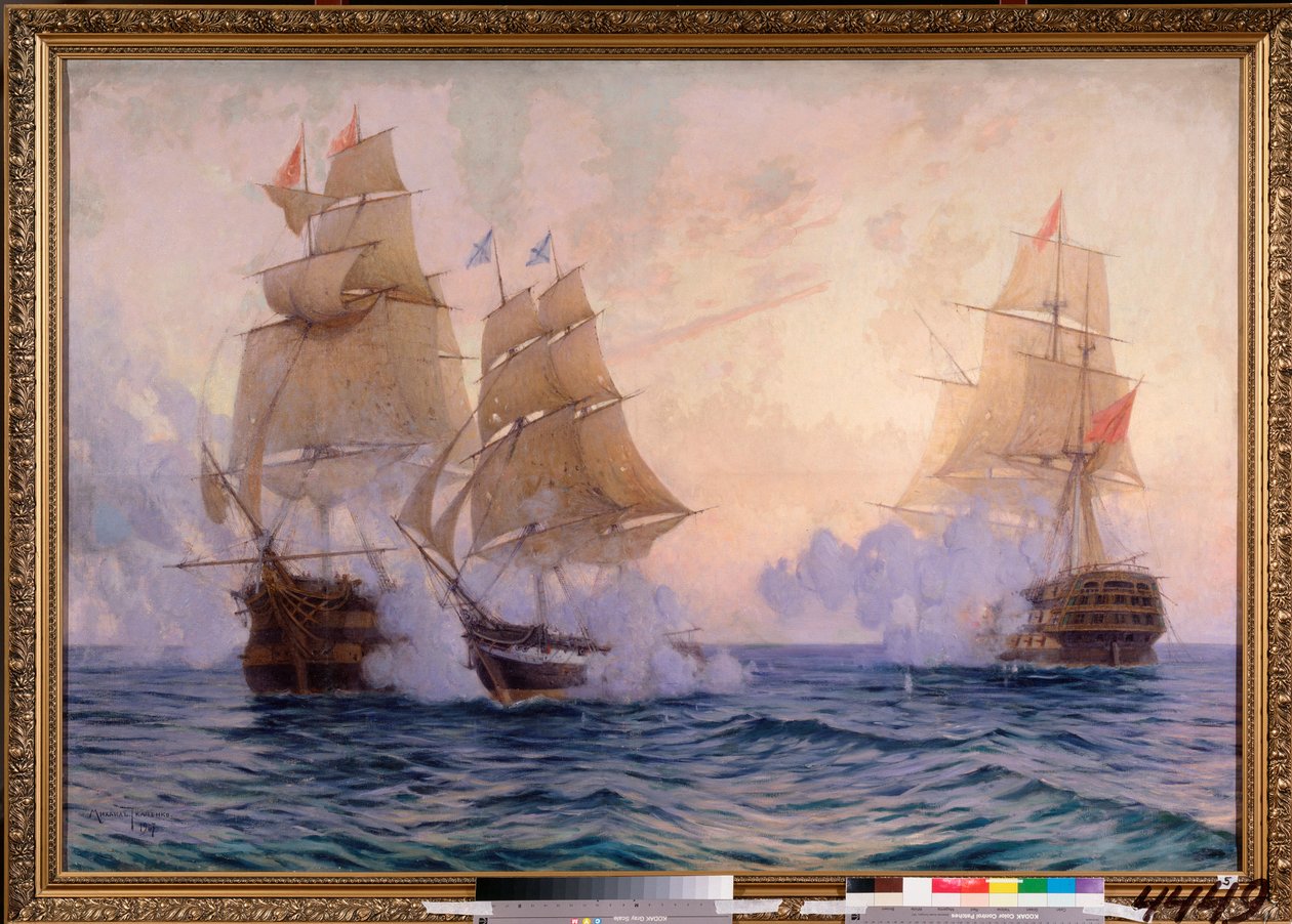 The brig Mercury fighting two Turkish ships, May 14, 1829 by Mikhail Stepanovich Tkatchenko