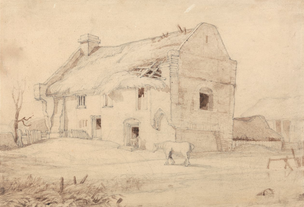 Cottage with Grazing Horses by Miles Edmund Cotman