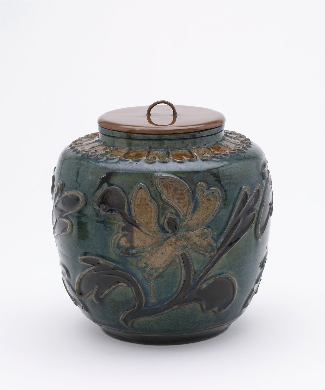 Polychrome jar with lacquer lid by Ming Dynasty Chinese School