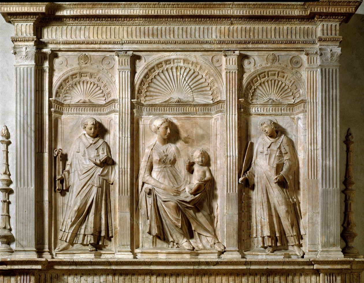 Virgin and Child Between St Laurent and St Leonard. High Marble Relief by Mino da Fiesole