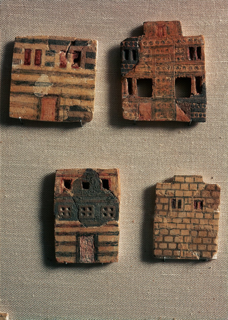 Minoan art: small ceramic tiles depicting Minoan houses by Minoan