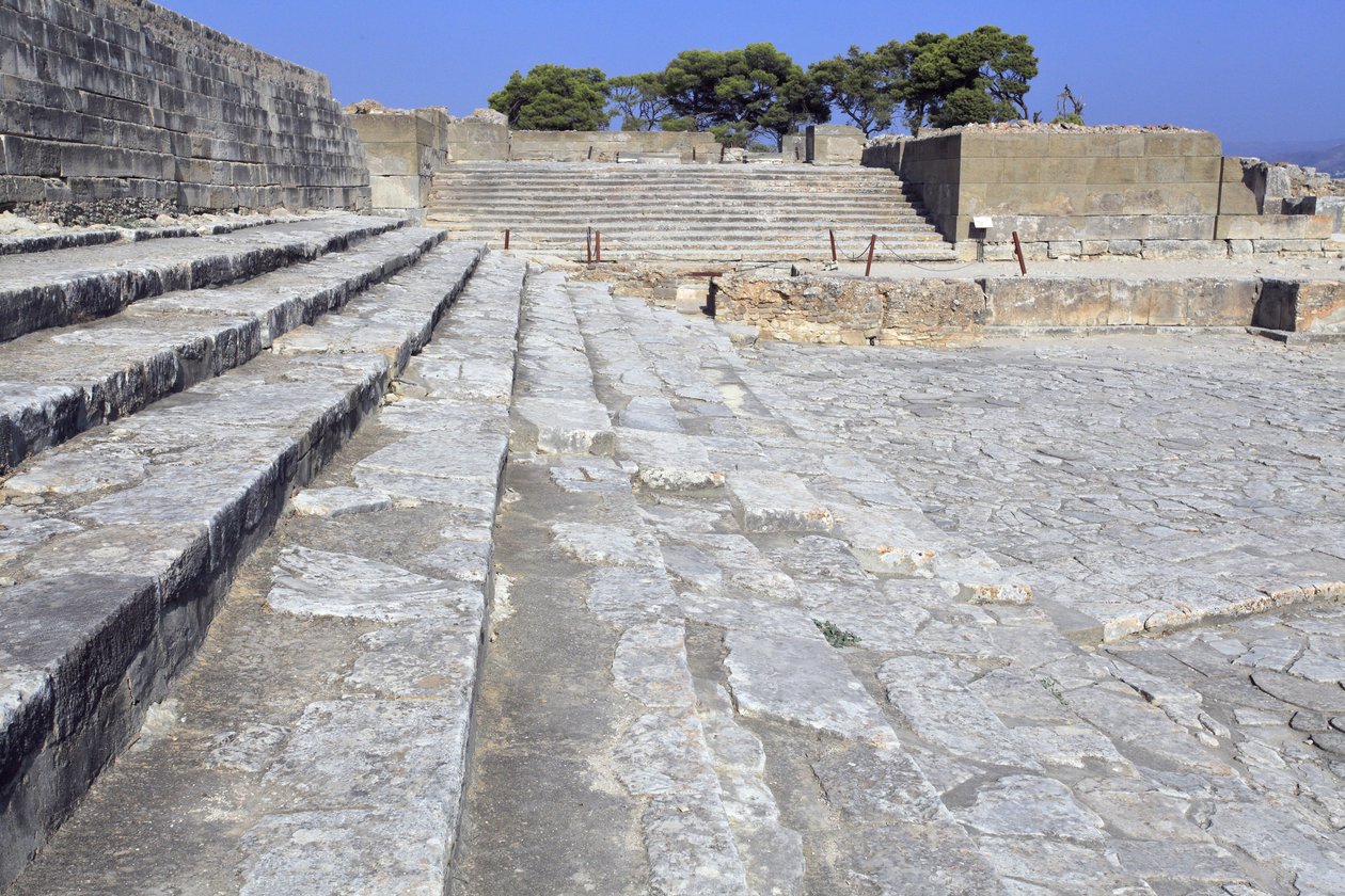 Minoan archaeological site of Phaistos. The west court and the theatral area. Large paved court in front of the facade and the central entrance of the palace (1900 -1700 BC). This court played an important part in the lives of the inhabitants. by Minoan