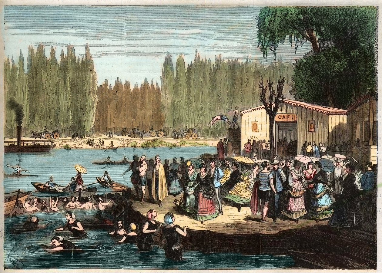 Swimming at La Grenouillere, just outside Paris - La Grenouillere at Croissy-sur-Seine in 1869 - after Miranda by Miranda Miranda