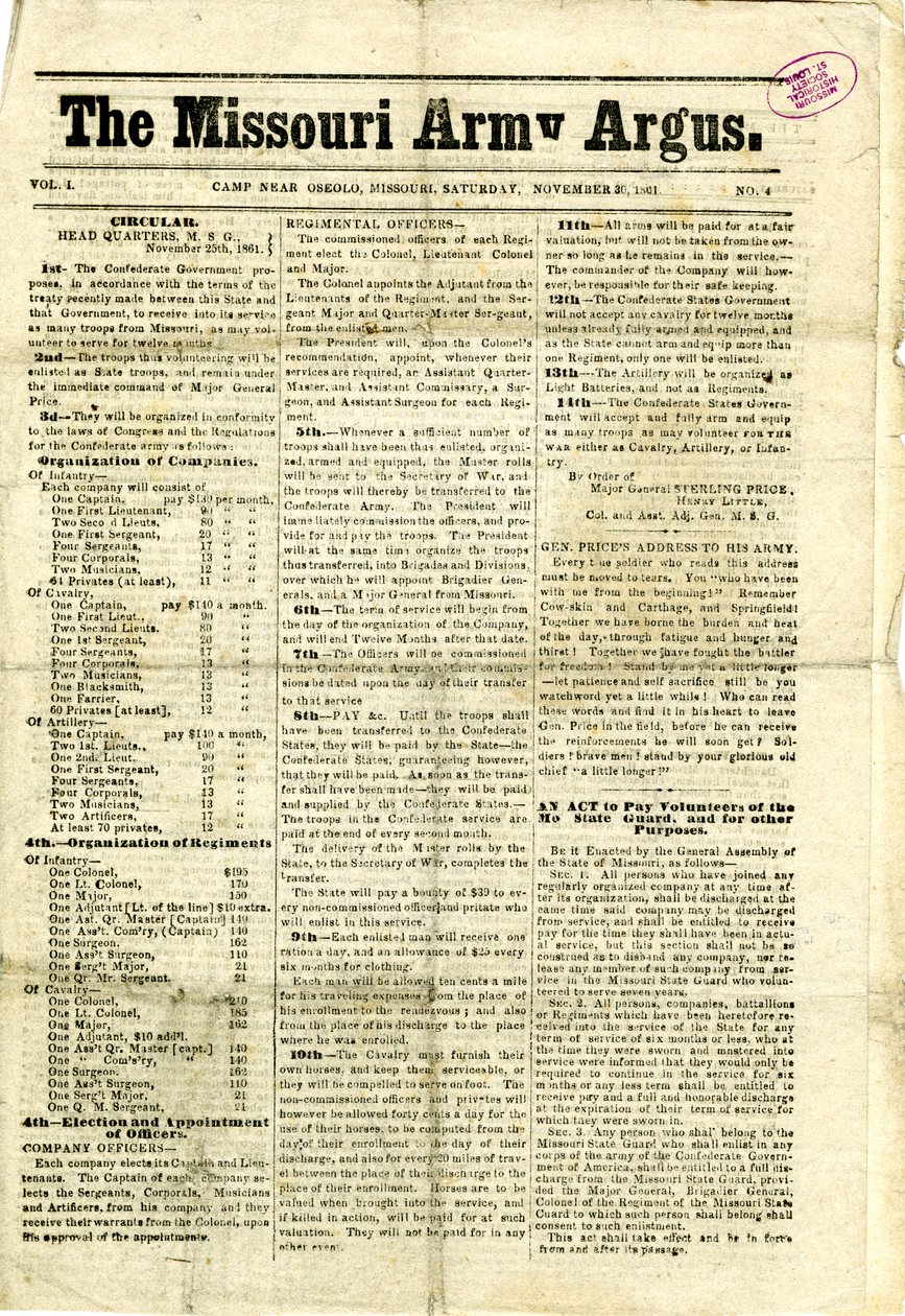 Includes Printed Circulars and Letters, a Proclamation, and a Message to Women of Missouri by Missouri Army Argus