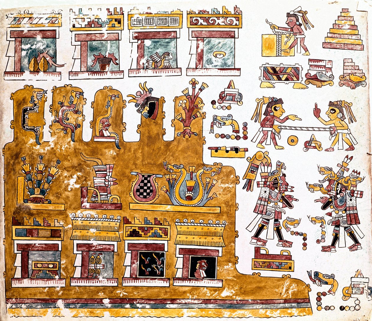 Mixtec civilization: Mixtec Codex with illustrations of activities taking place before a temple. Detail of a copy of the Codex Vindobonensis or Viennese codex sent by Hernan Cortes by Mixtec Mixtec