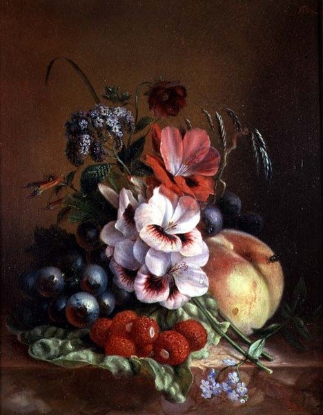 Still Life of Fruit and Flowers by Mme. A. van Ravensway