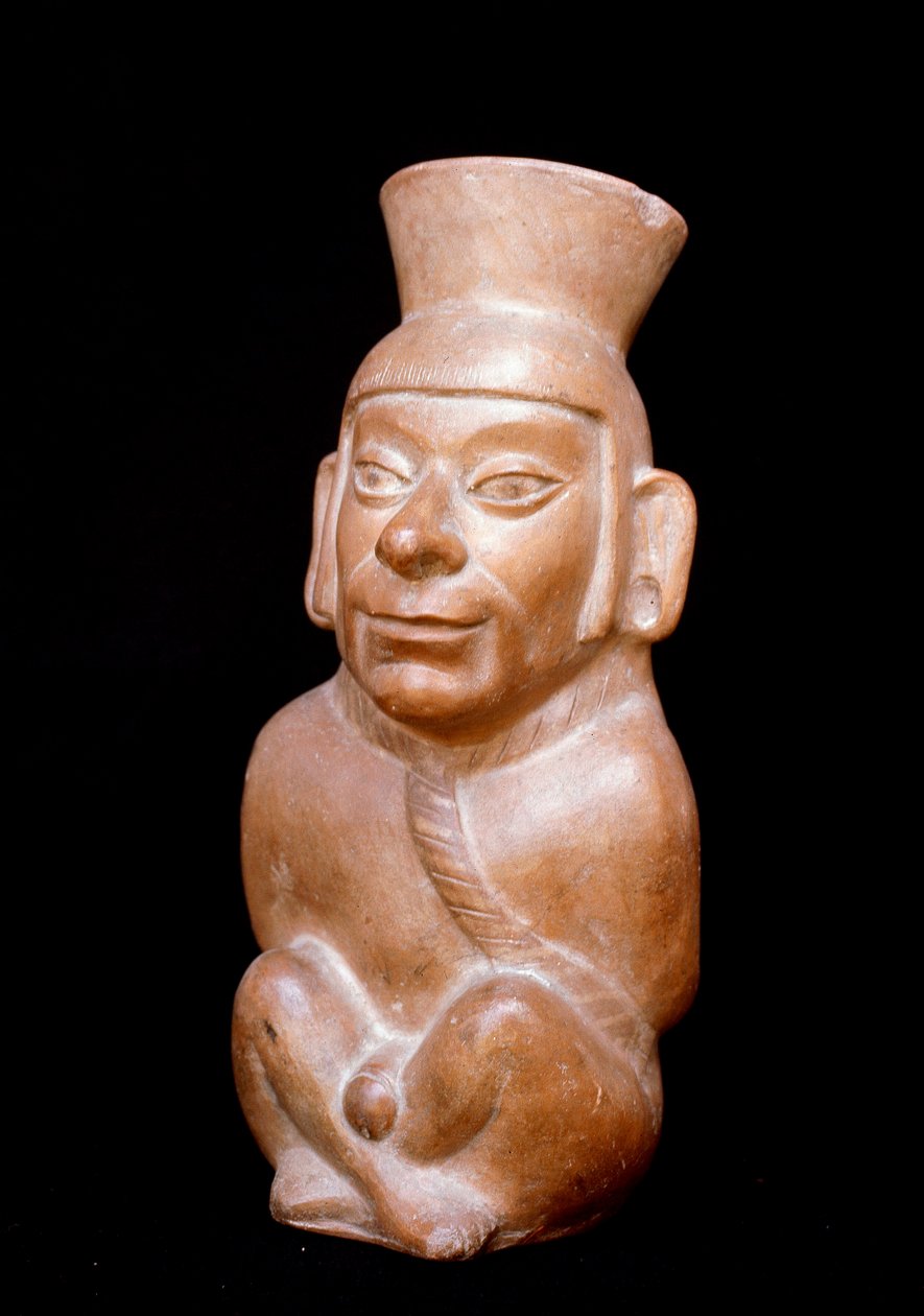 Precolombian art, Mochic civilization: anthropomorphic terracotta bottle representing a prisoner before his sacrifice by Moche Moche
