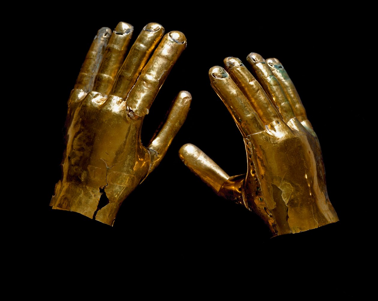 Precolombian art, Mochica culture: gold funeral hands. 200-500 AD. Lima, Museo de Oro del Peru by Moche Moche