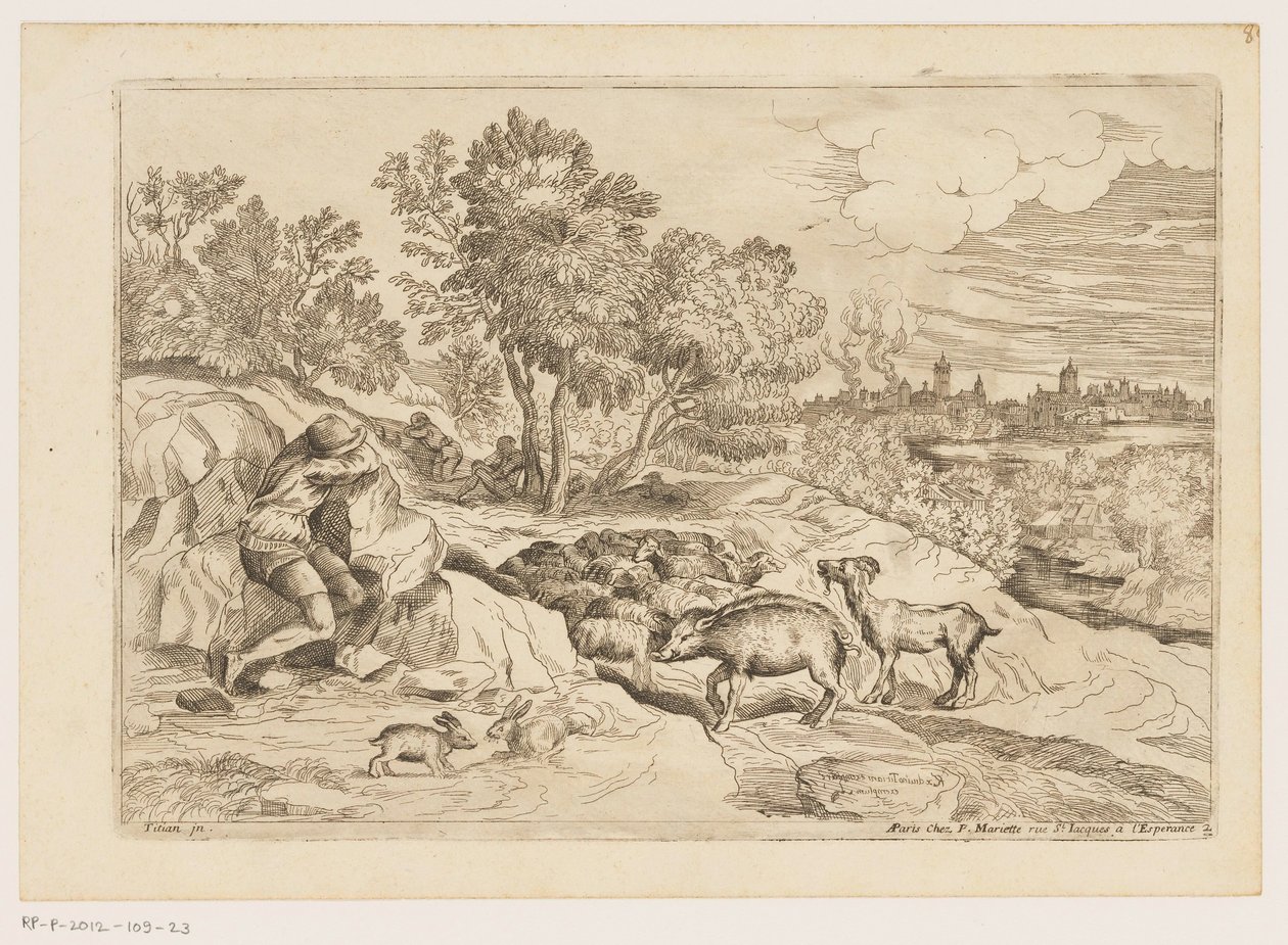 Landscape with Three Resting Shepherds and a Flock (Landscapes after Titian) by Moise Jean Baptiste Fouard