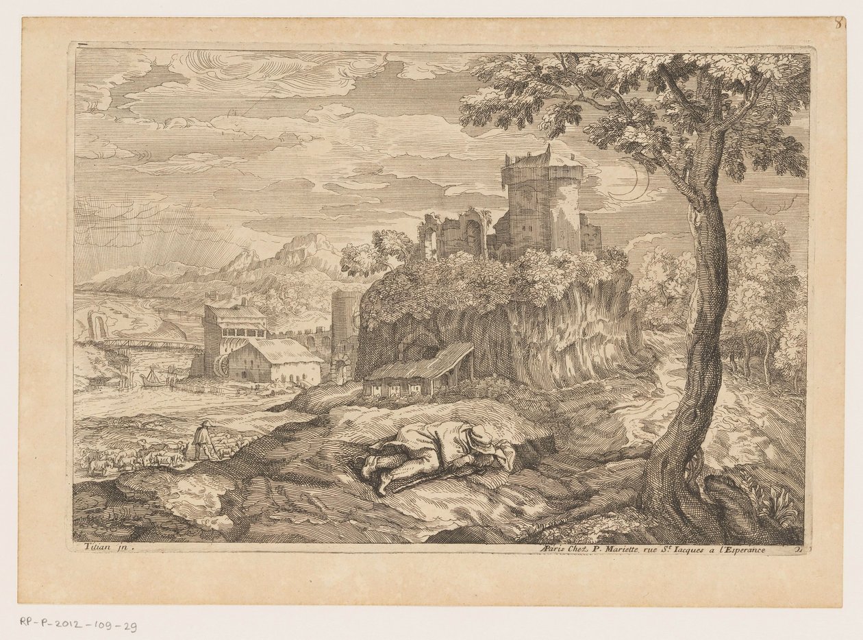 Landscape with Resting Shepherd, River with Bridge and Watermill in the Background (Landscapes after Titian) by Moise Jean Baptiste Fouard