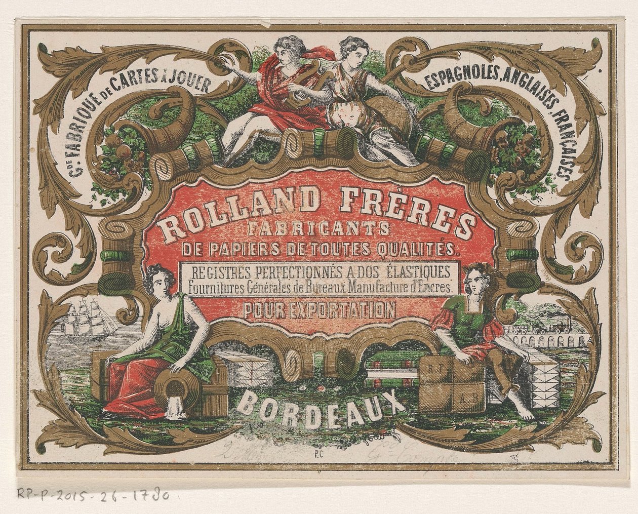Business card of Rolland Frères, paper manufacturer in Bordeaux by Monogrammist PC (lithograaf)