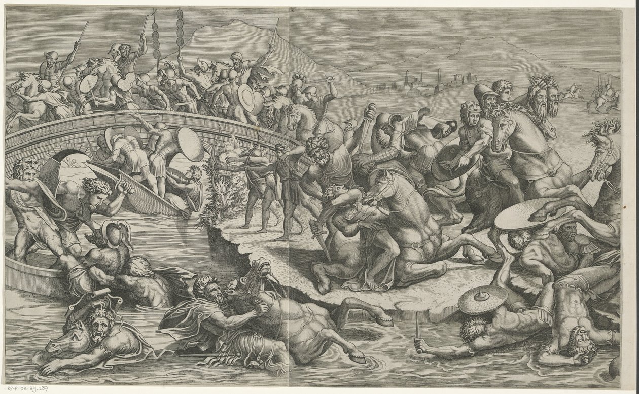 Battle of the Milvian Bridge (left parts) by Monogrammist SK (prentmaker)