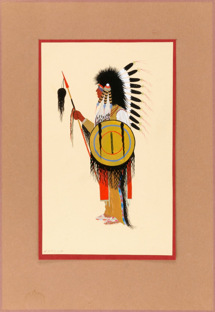 Cheyenne Warrior in Feather Headdress with Shield by Monroe Tsatoke
