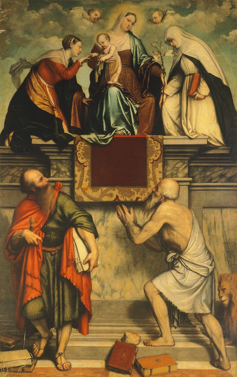 Enthroned Madonna with Child, St Catherine, St Paul and St Jerome by Moretto da Brescia