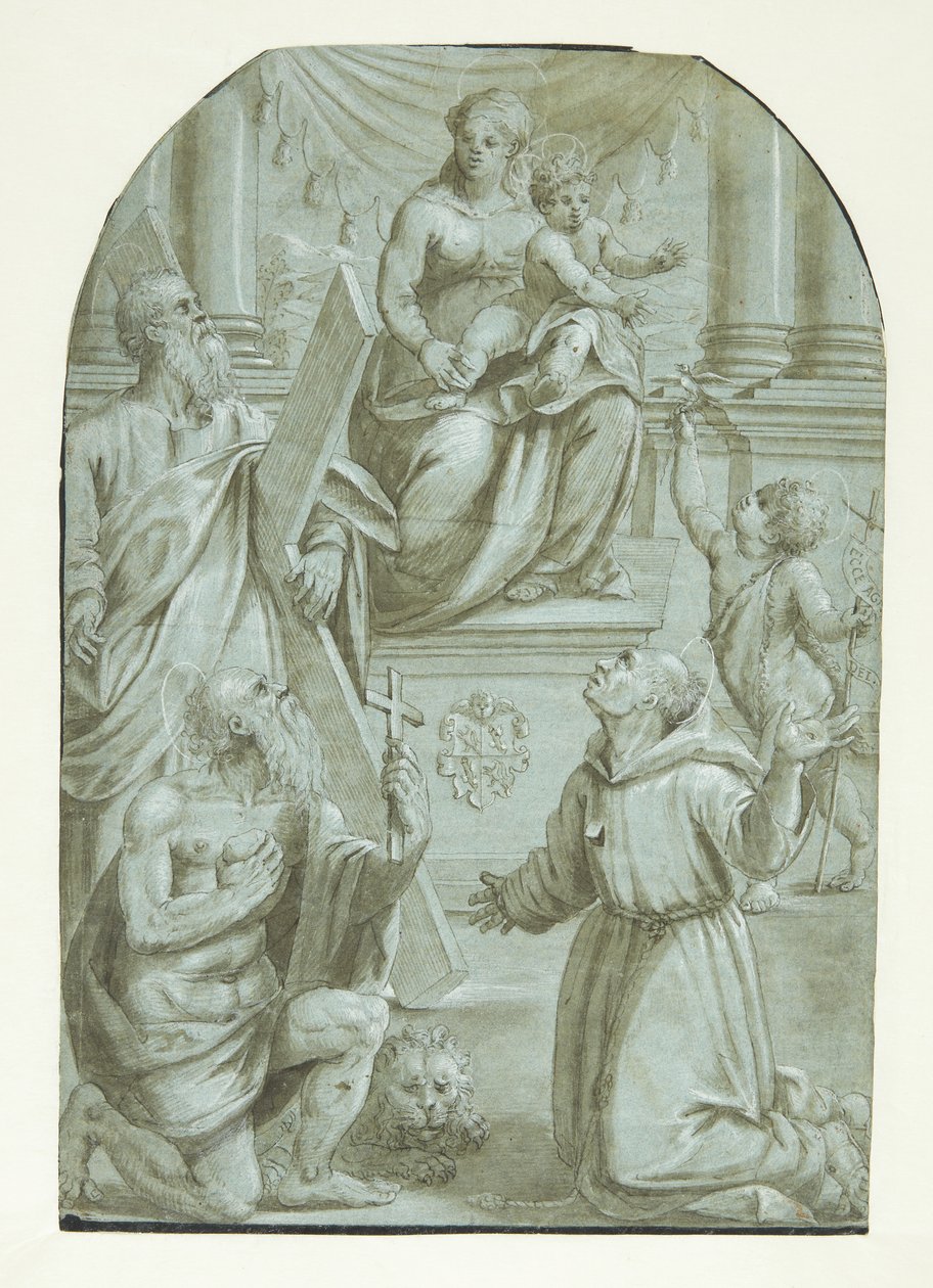 Mary with the Christ Child Enthroned, Surrounded by the Apostle Andrew, John the Baptist as a Child, St. Jerome, and St. Francis of Assisi by Moretto da Brescia