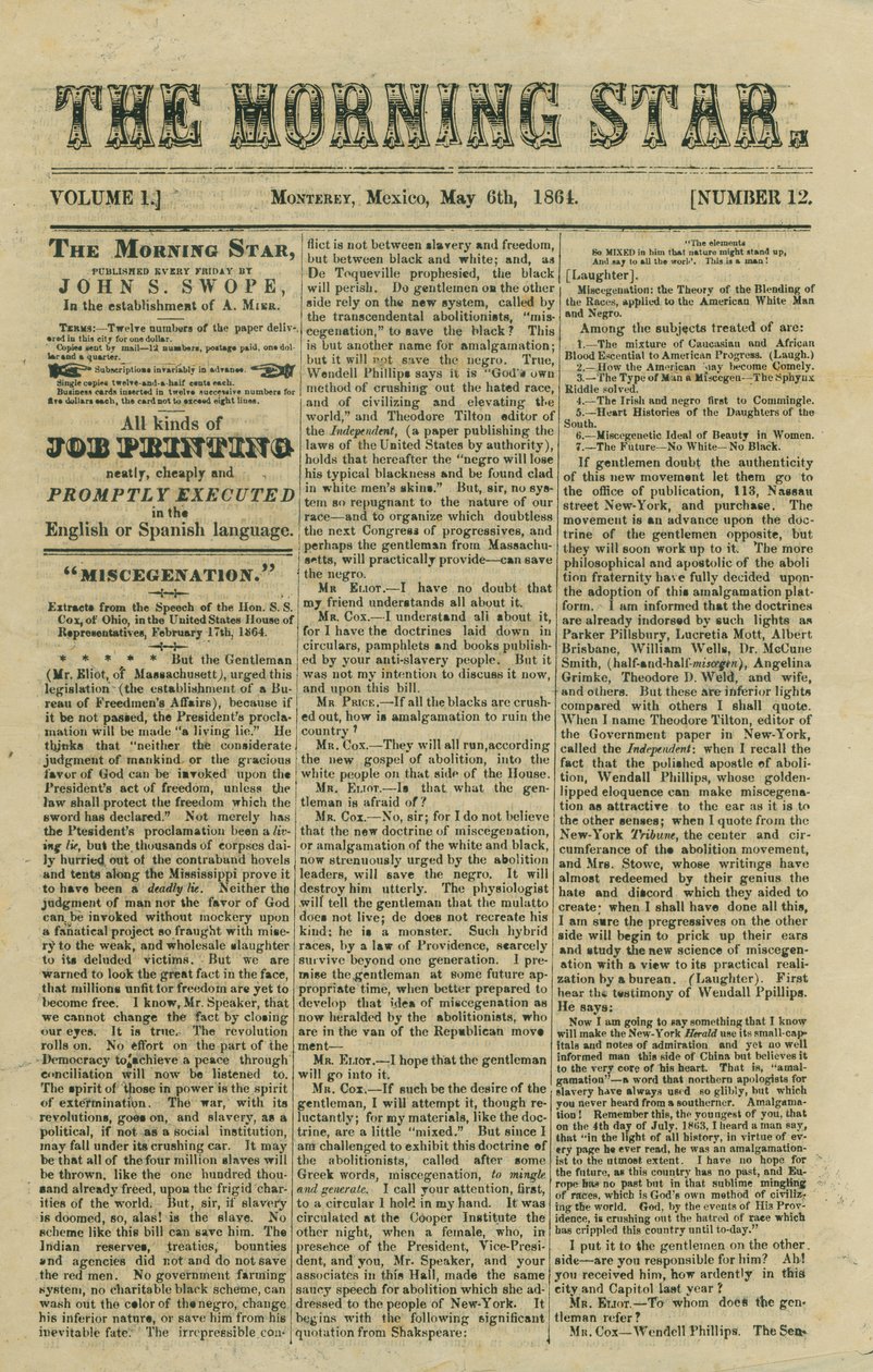 Article about Proposed Legislation on Miscegenation and News of the Civil War by Morning Star