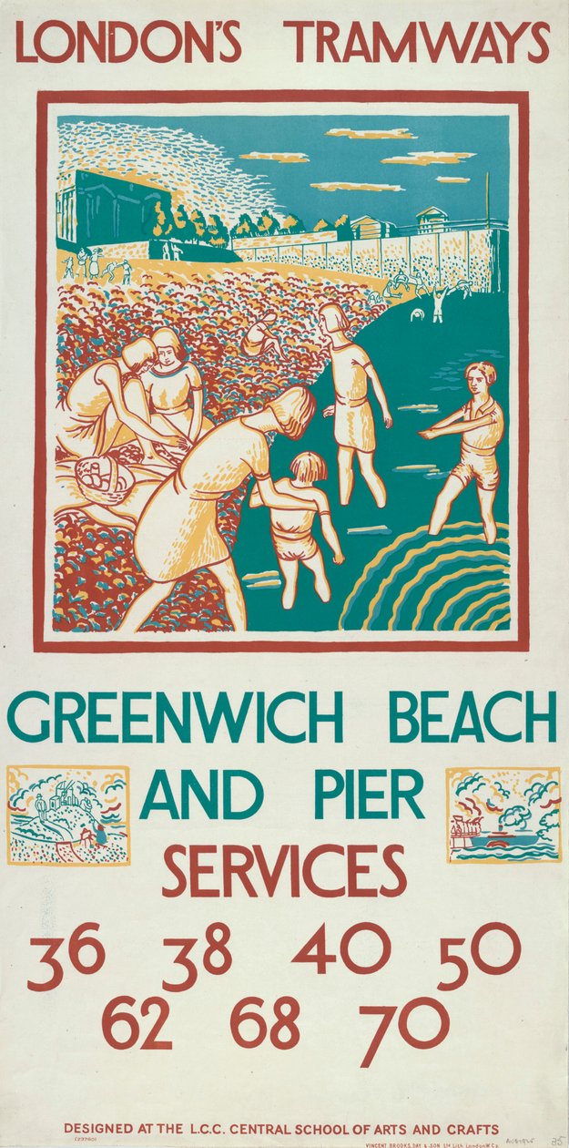 Greenwich Beach and Pier, London County Council LCC Tramways Poster by Morris Kestelman