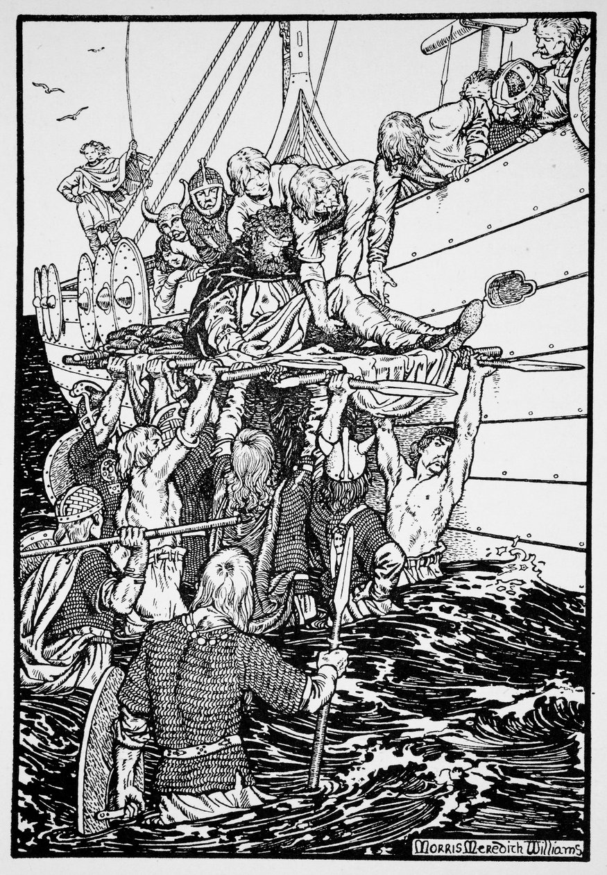 The dying King Haakon carried to his ship, 961 1913 by Morris Meredith Williams