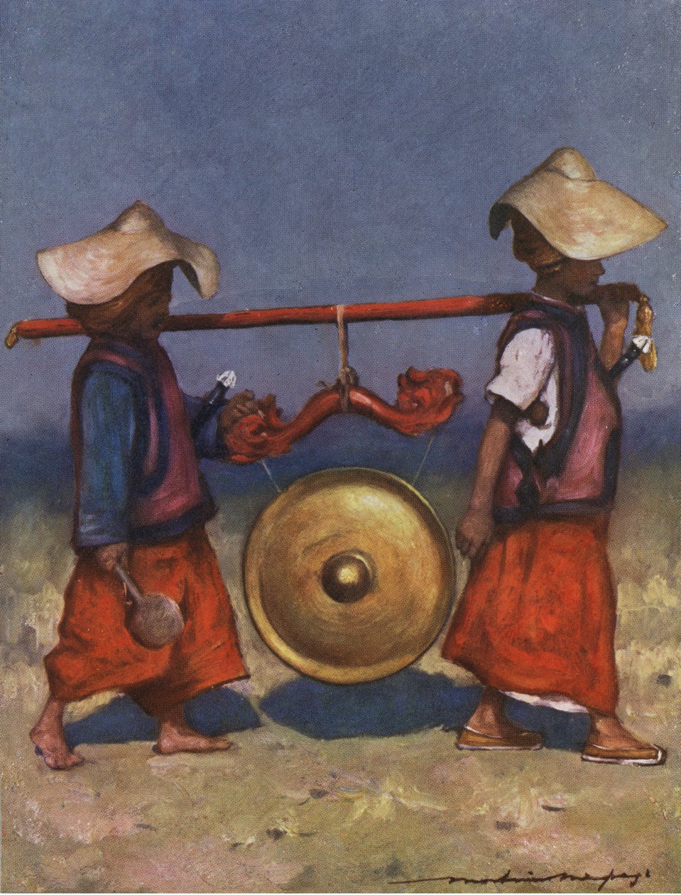 Shan servants carrying a brass gong by Mortimer Ludington Menpes