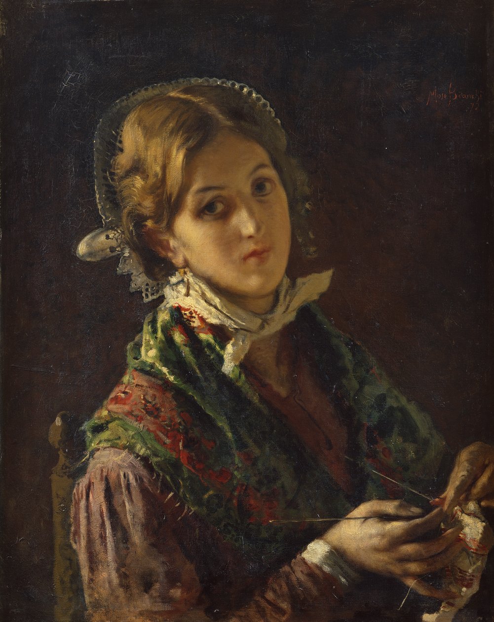 A Woman Knitting by Mosè Bianchi