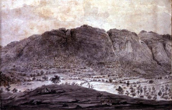 Panoramic View of Derwentwater and the Vale of Keswick, detail of mountains, c.1772 (detail) by Moses (attr. to) Griffith