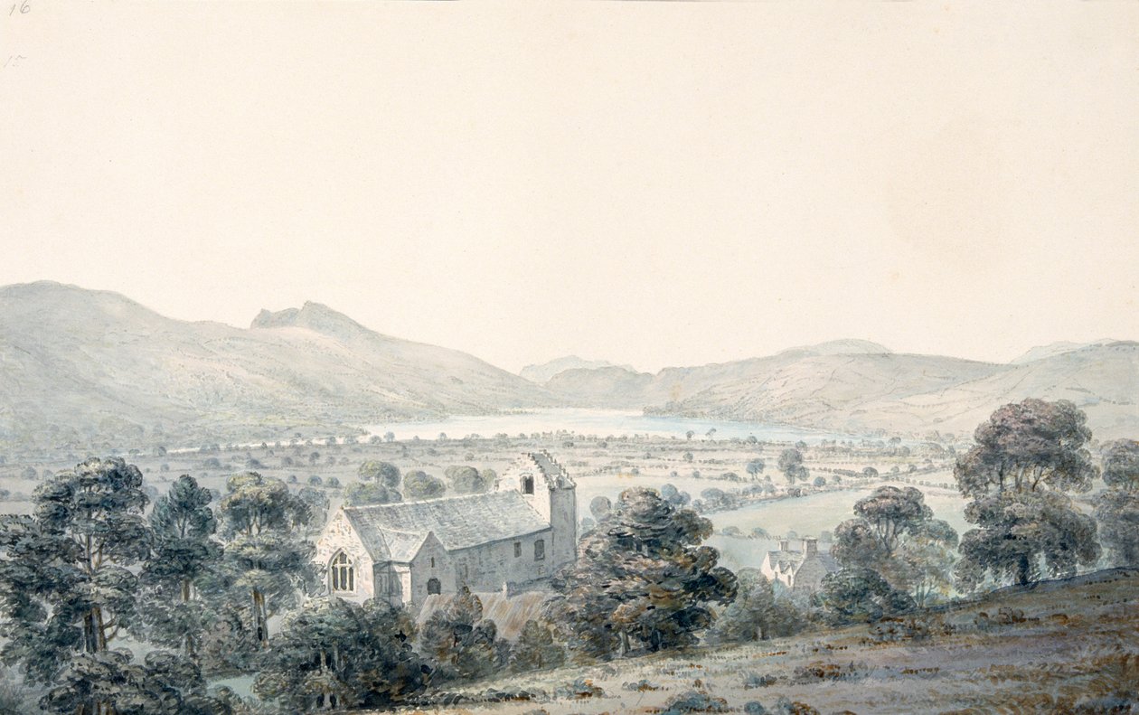 View of Bala Pool, Llyntagit, from above Llanfawr Church, Meirionethshire by Moses Griffith
