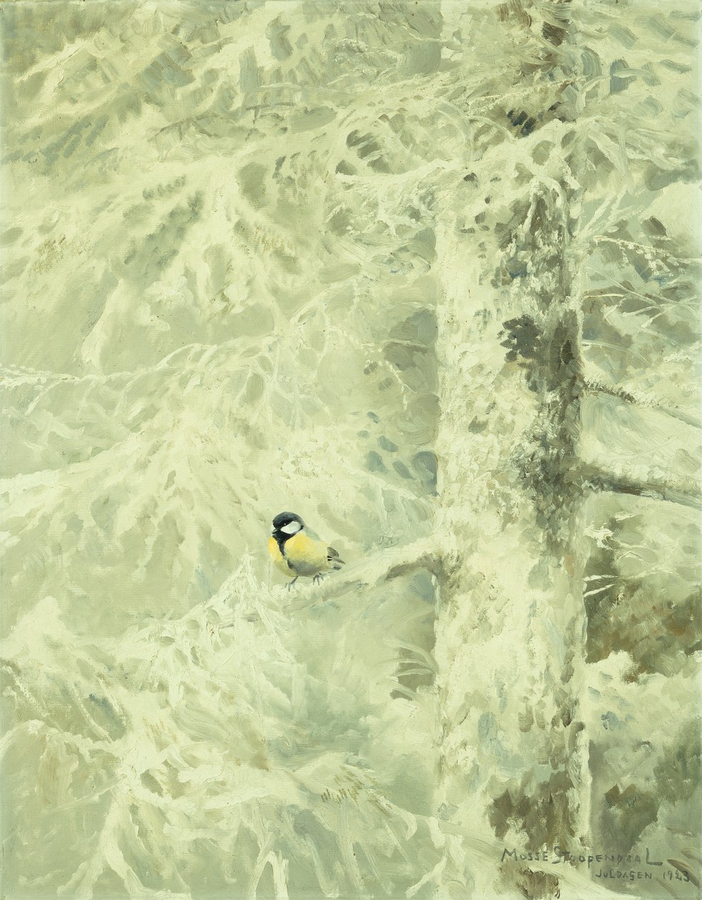 Goldfinch in a Snow Covered Tree by Mosse Stoopendaal