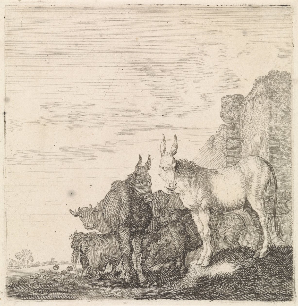 Donkeys by a Wall (Quadrupeds) by Moyses van Wtenbrouck