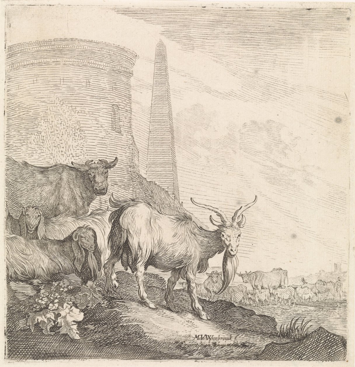 Goats and Cows by a Round Tower with an Obelisk by Moyses van Wtenbrouck