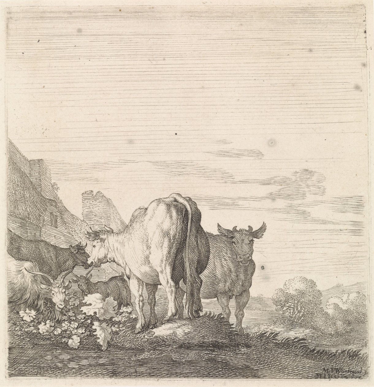 Cows and Goats in a Landscape with Houses by Moyses van Wtenbrouck