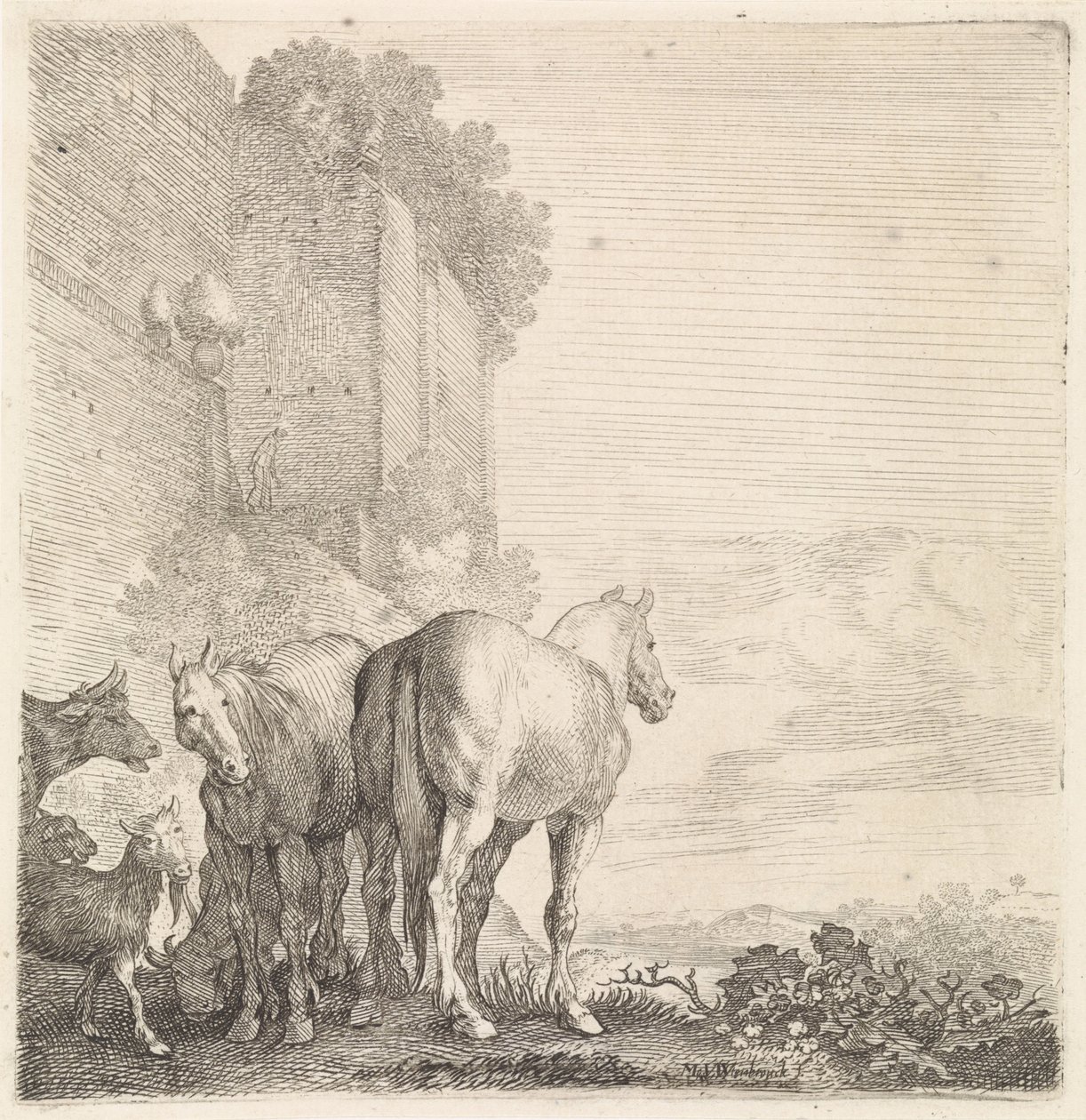 Two Horses with Goats and a Cow by a High (City) Wall (series title: Quadrupeds) by Moyses van Wtenbrouck
