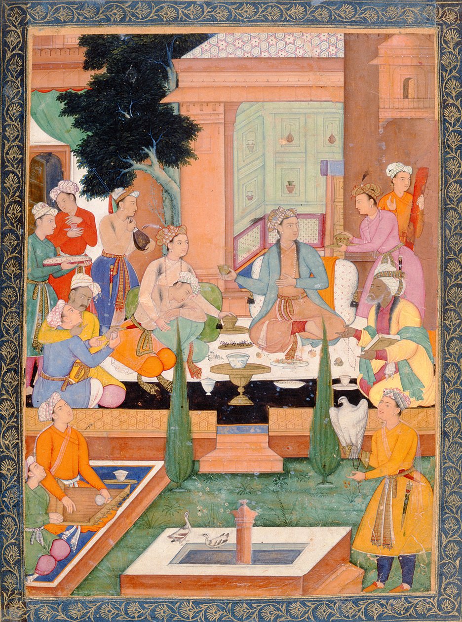 A prince and companions take refreshments and listen to music, from the Small Clive Album by Mughal School