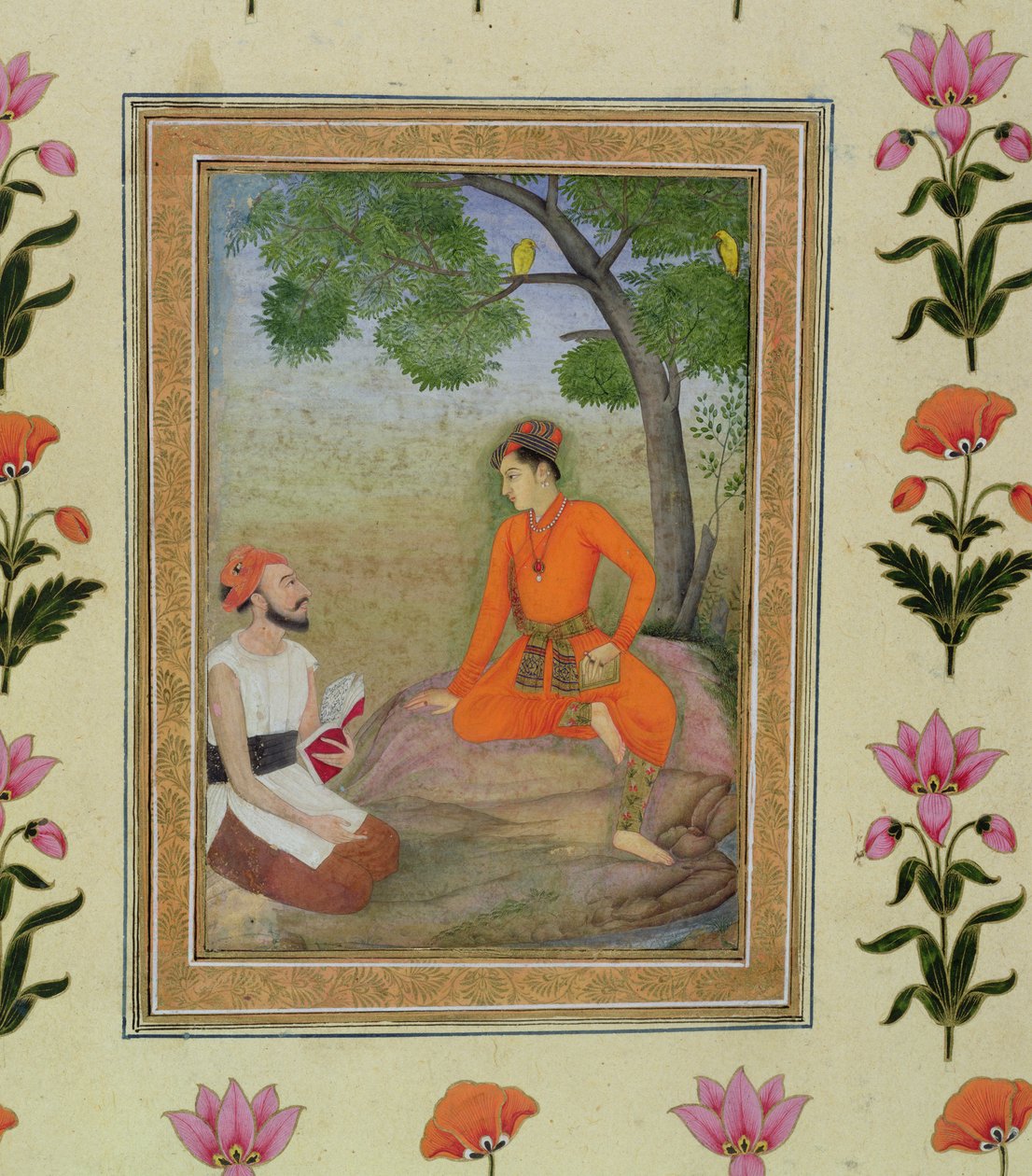 A prince in discussion with a religious man holding a book, from the Small Clive Album by Mughal School