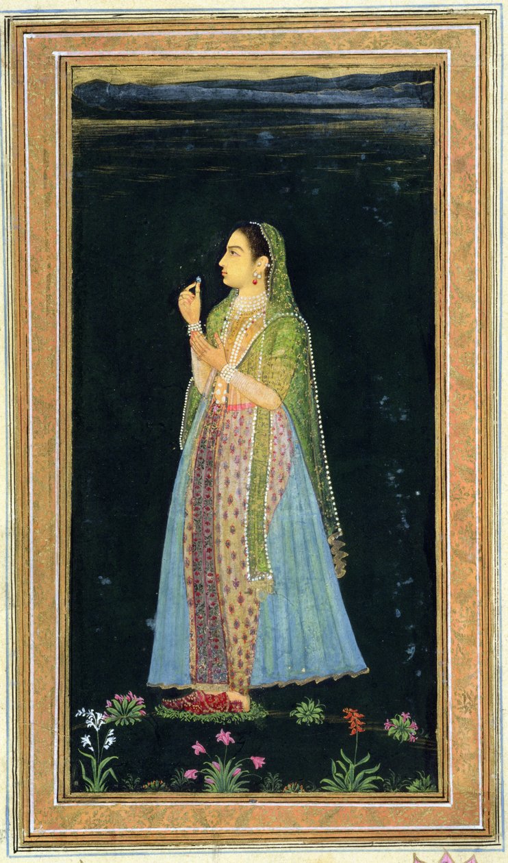 Lady holding a blossom, from the Small Clive Album by Mughal School