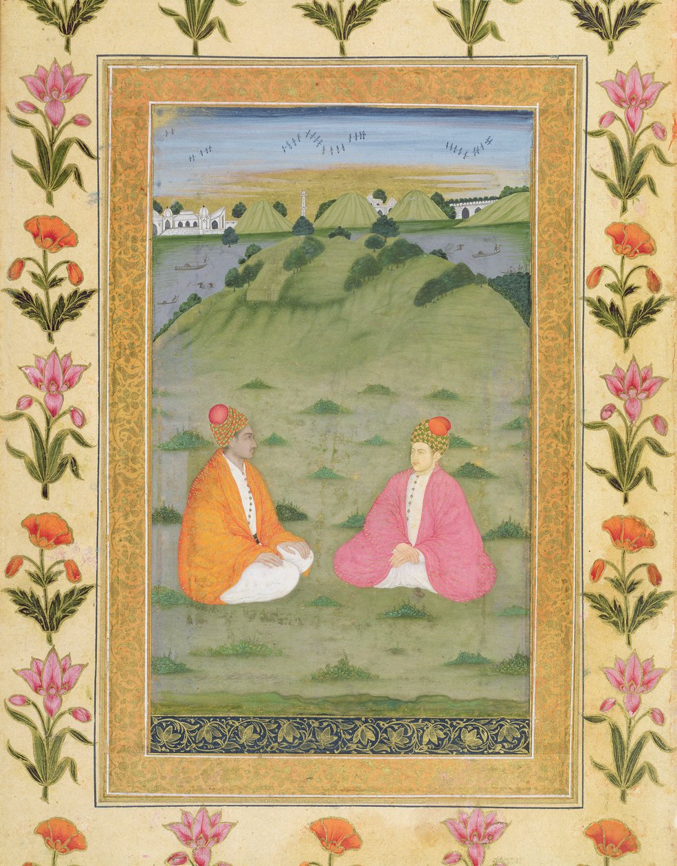 Two nobles seated in a landscape, from the Small Clive Album by Mughal School